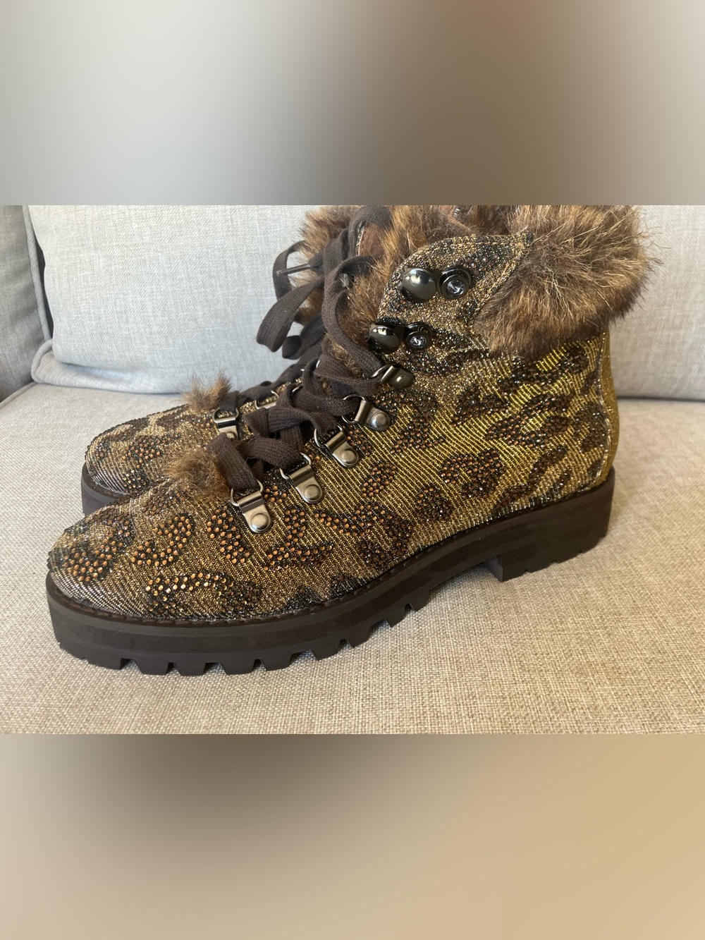 Jessica Simpson Norina Leopard Rhinestone Faux Fur Hiker Boots - Sz 8.5